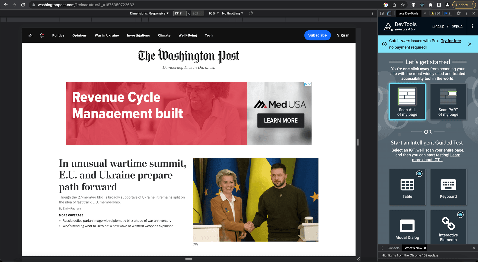 Screenshot shows the axe DevTools menu open to the right of The Post's homepage. In the axe DevTools menu, 'Scan ALL of my page' is highlighted as the user has it in focus.